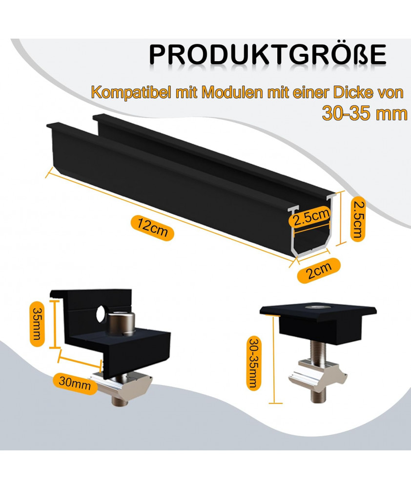 Sorlpv Solarmodul Halterung für 2X Module, PV Halterung Montageset - 12CM Schwarze Schiene + Verstellbare Klemme für 30-35MM