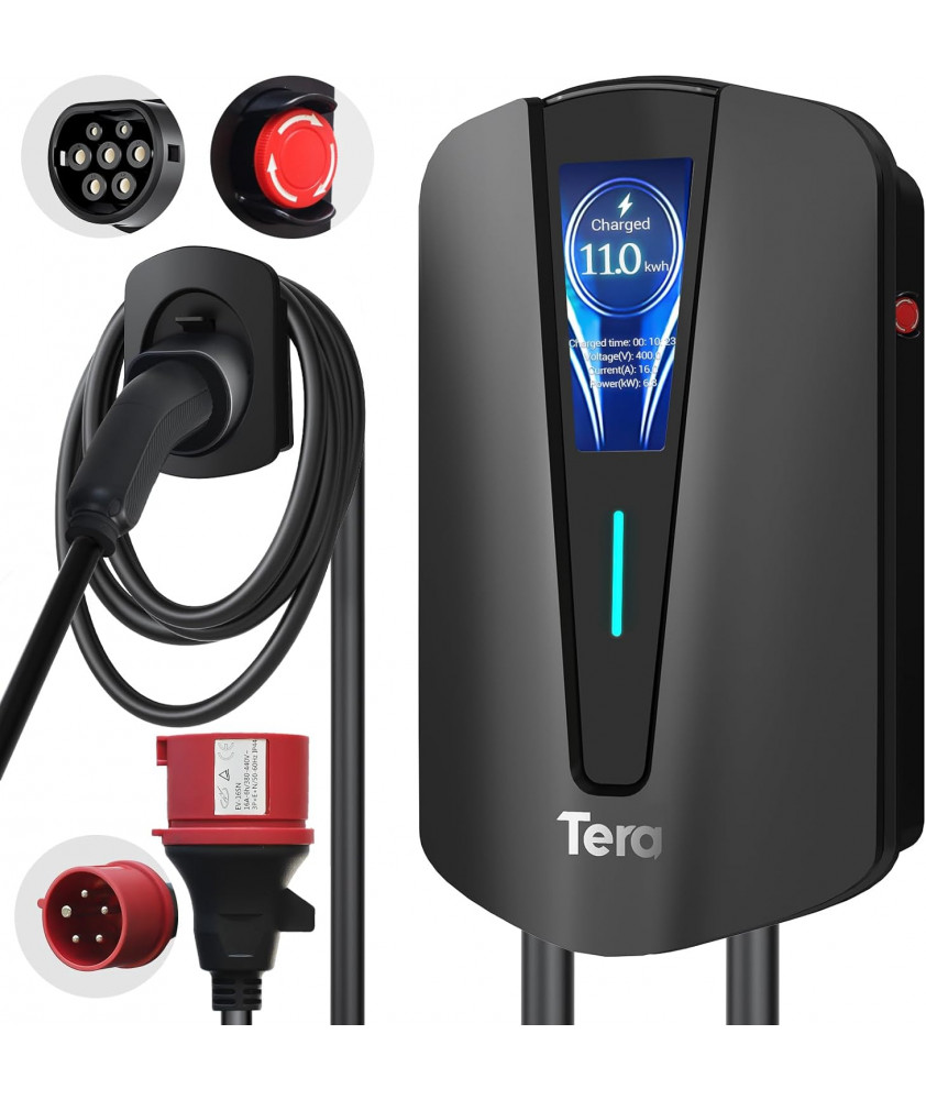 Tera EV Ladegerät Typ 2 11KW Heim-Ladestation Wallbox Ladekabel Elektroauto mit Kabelhalterung Ladekabel 3-Phasen CEE Stecker